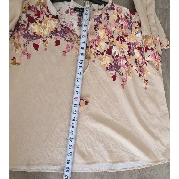 Como Black Woman 2X Floral Tie Neck Blouse Long Sleeve Rayon Beige - Picture 9 of 12